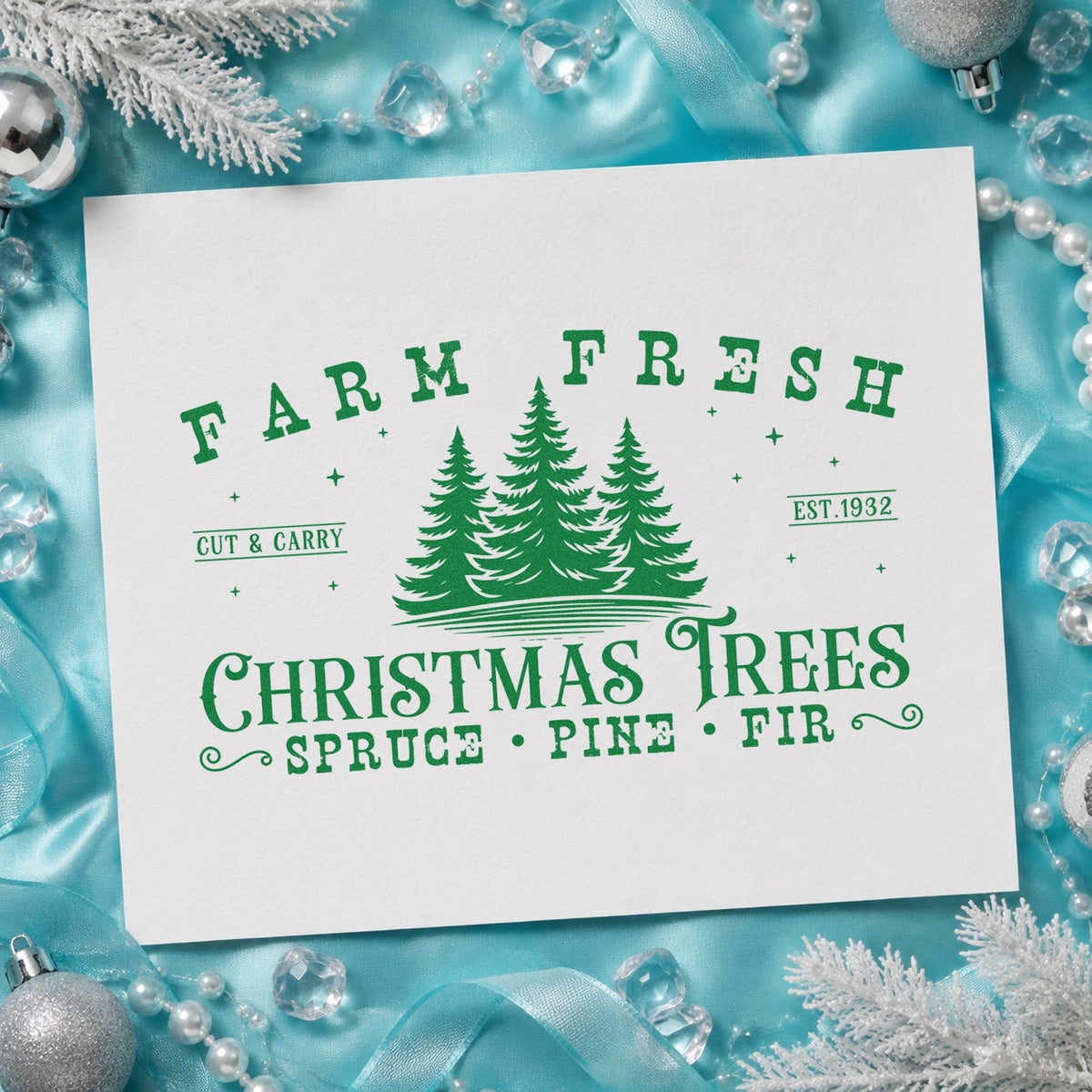 Farm Fresh Spruce Pine Fir craft stamp imprint in green ink on a handmade project, one idea being care slip cards.