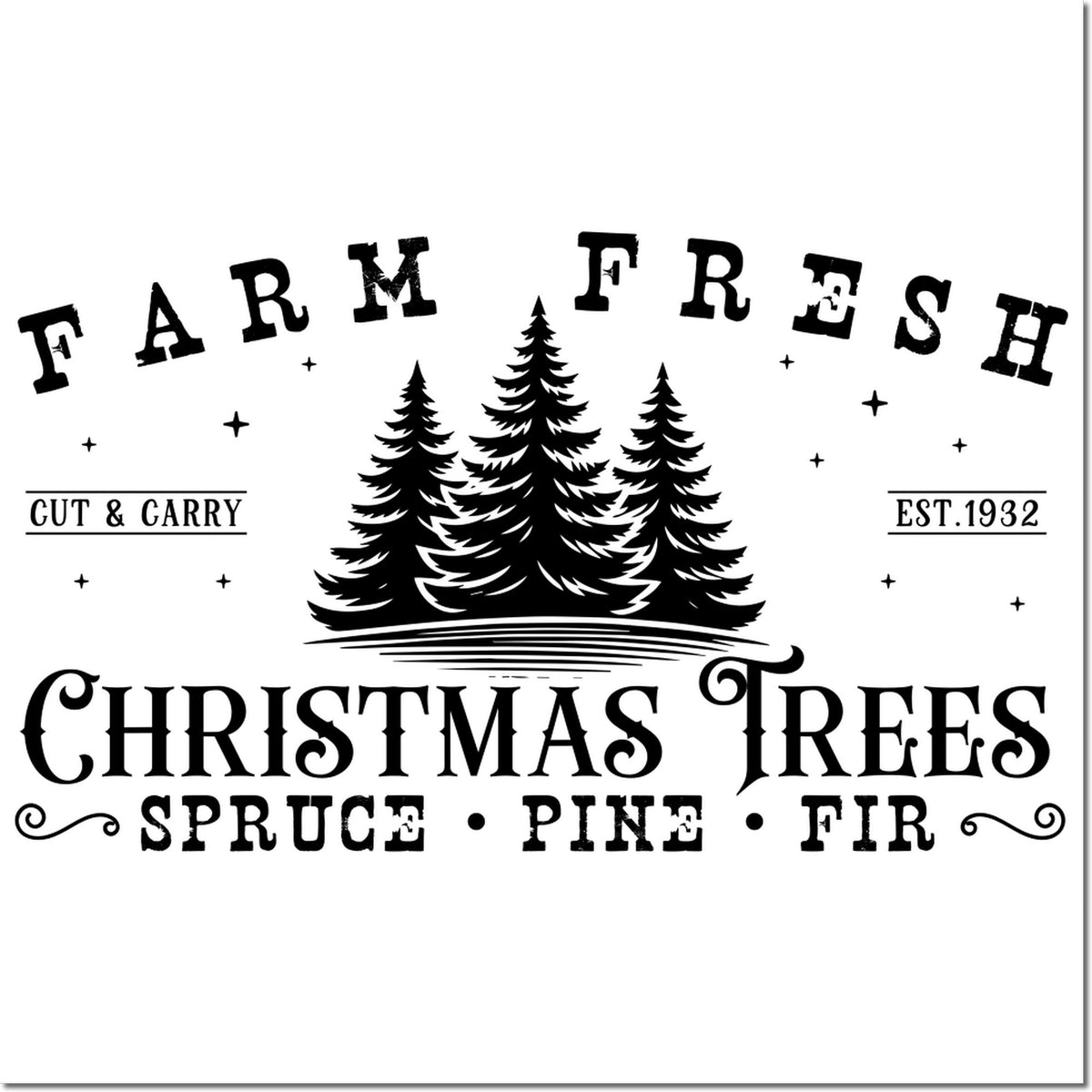 Black vintage farm-fresh Christmas trees stamp seal with pine silhouettes, Cut & Carry, Est. 1932, spruce, pine and fir text.
