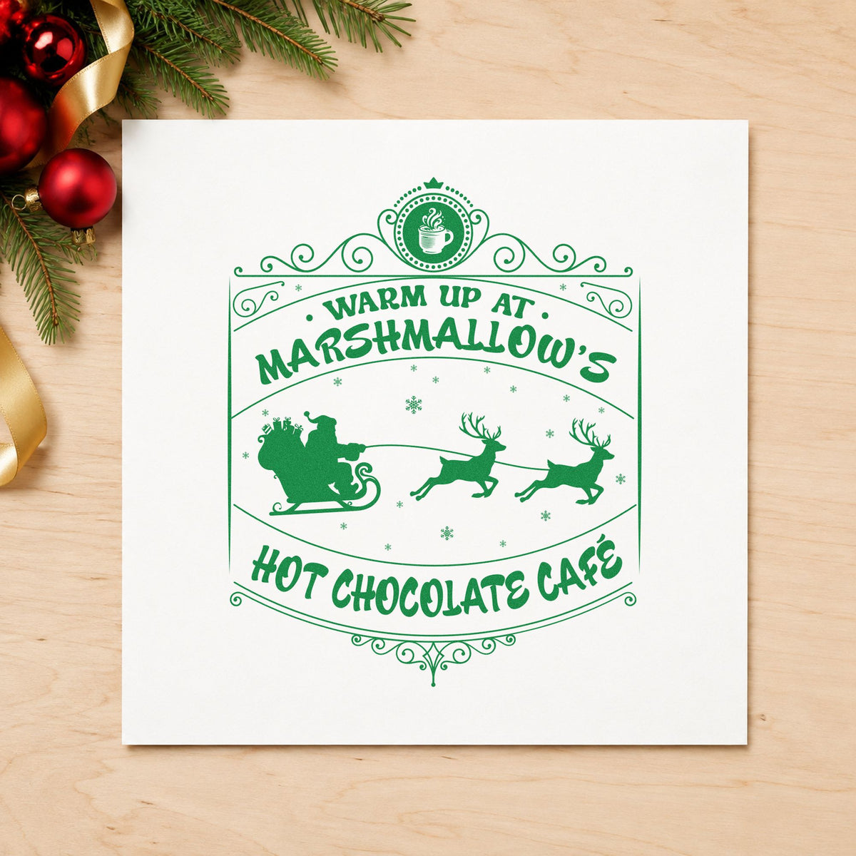 Marshmallow Hot Chocolate Cafe craft stamp in green ink on cardstock, an easy option for cafe album page.