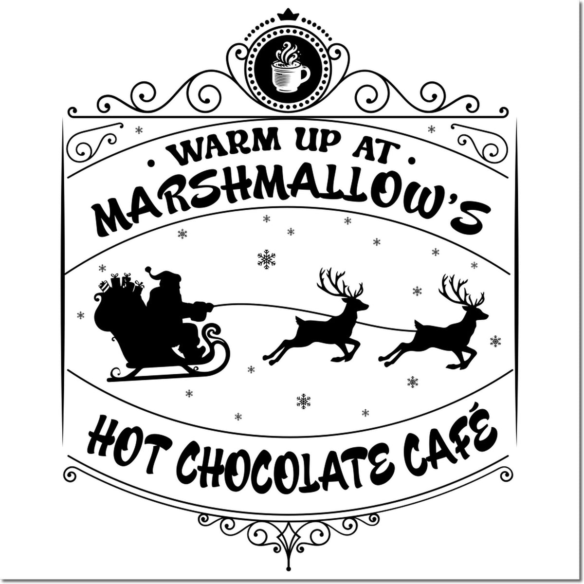 Black-and-white decorative stamp seal for Marshmallow's Hot Chocolate Cafe, with Santa sleigh, reindeer, snowflakes, and cup icon