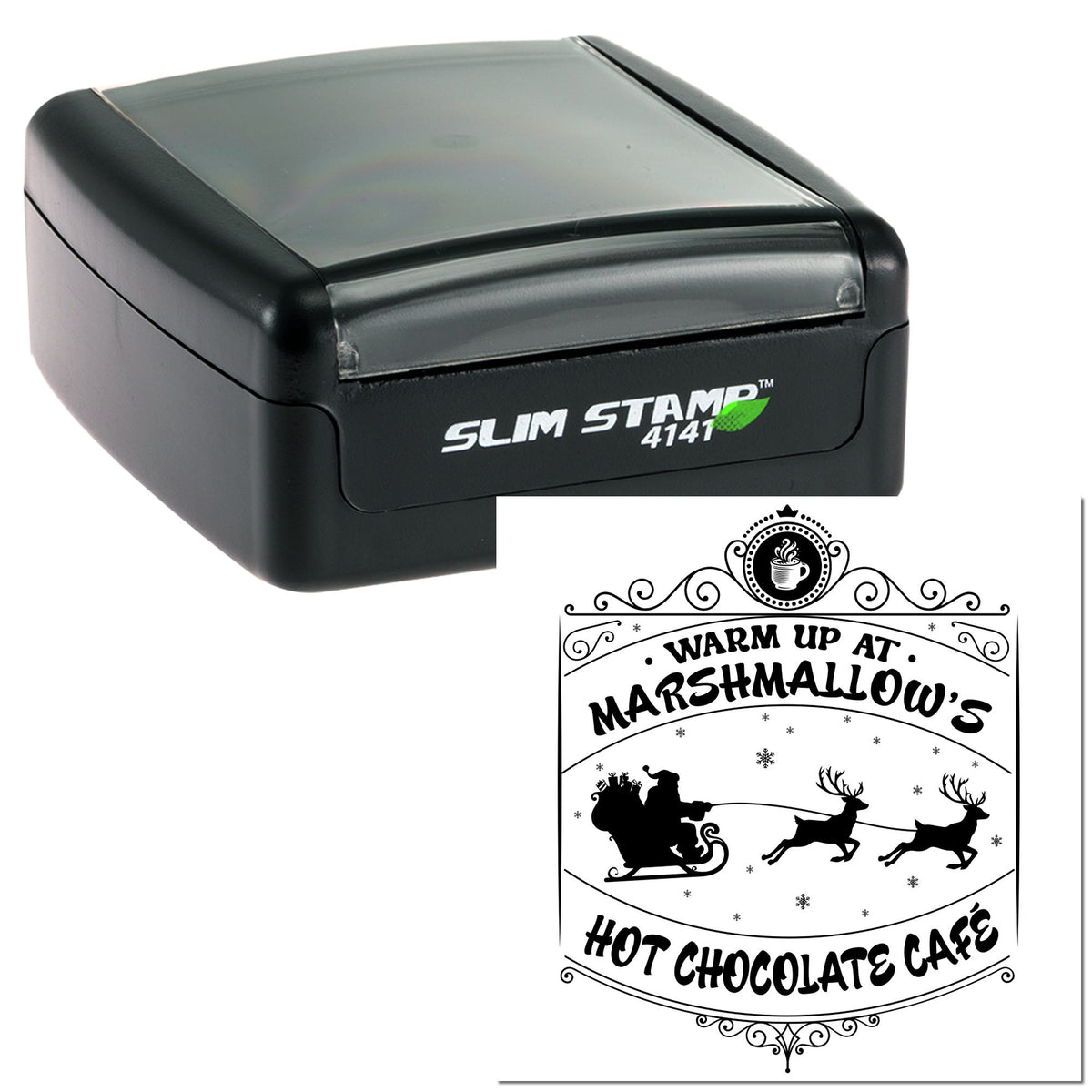 Black Slim Stamp self-inking stamp with gray lid and holiday seal showing Santa sleigh, reindeer, and café text.