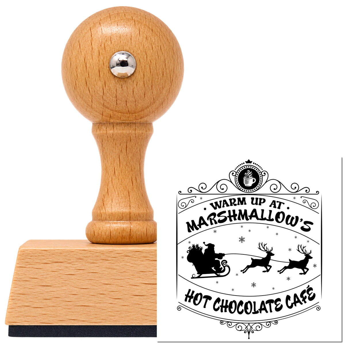 Vintage Pro beech wood stamp with a round knob handle, shown with its black Marshmallow Hot Chocolate Cafe imprint on white.