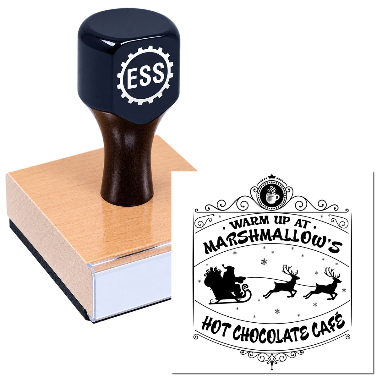 Navy rubber stamp and wooden seal block with ESS logo, plus black decorative hot chocolate café seal impression.