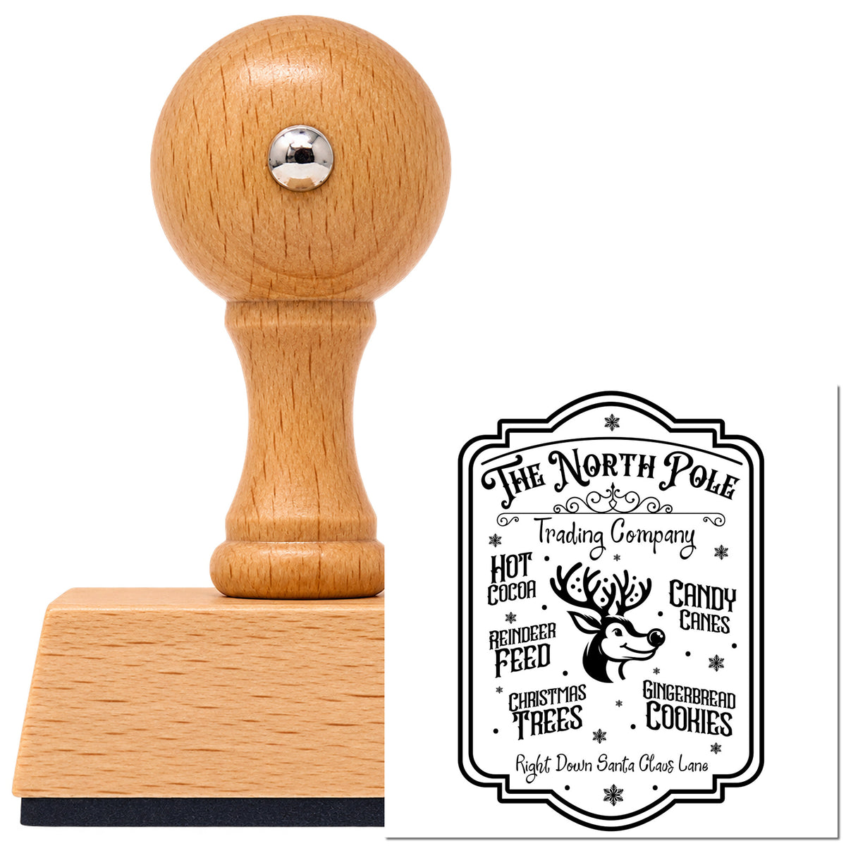 Vintage Pro beech wood stamp with a round knob handle, shown with its black North Pole Trading Company Sign imprint on white.