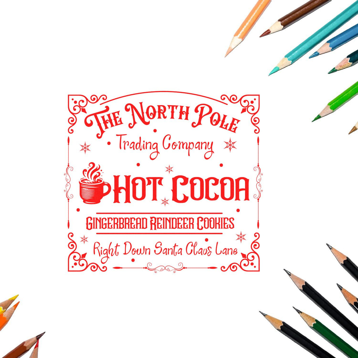 Red ornate Christmas stamp/seal design for The North Pole Trading Company, with hot cocoa, gingerbread cookies, and colored pencils.