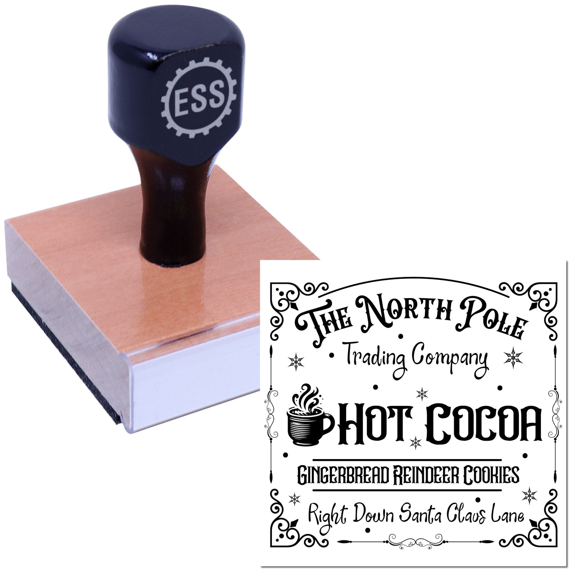 Custom rubber stamp and seal with navy handle, pink base, and ornate black holiday logo imprint.