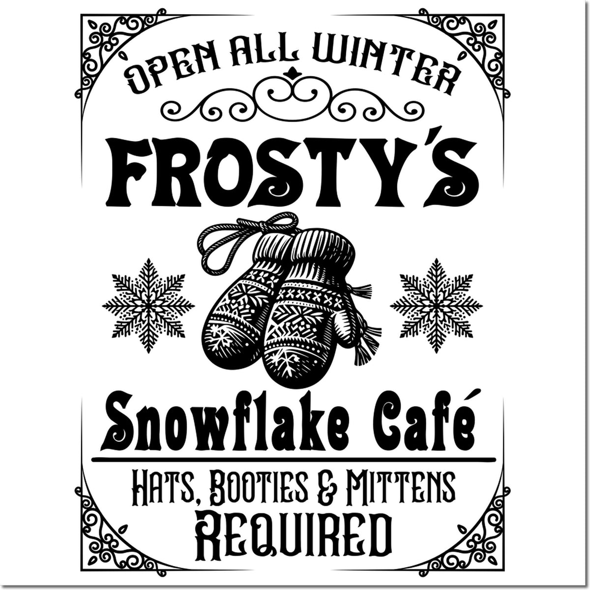 Black-and-white vintage stamp seal for Frostys Snowflake Cafe, with mittens, snowflakes, and Open all winter text.