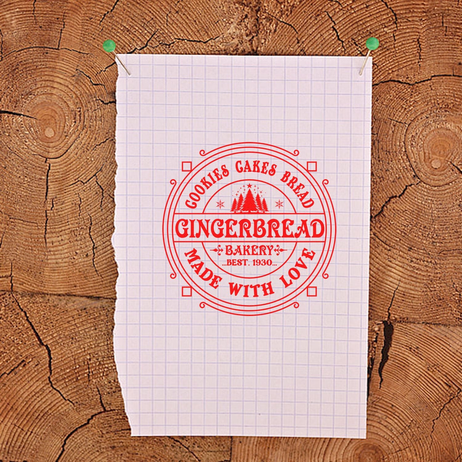 Red gingerbread bakery stamp seal on white grid paper, pinned over rustic wood background.