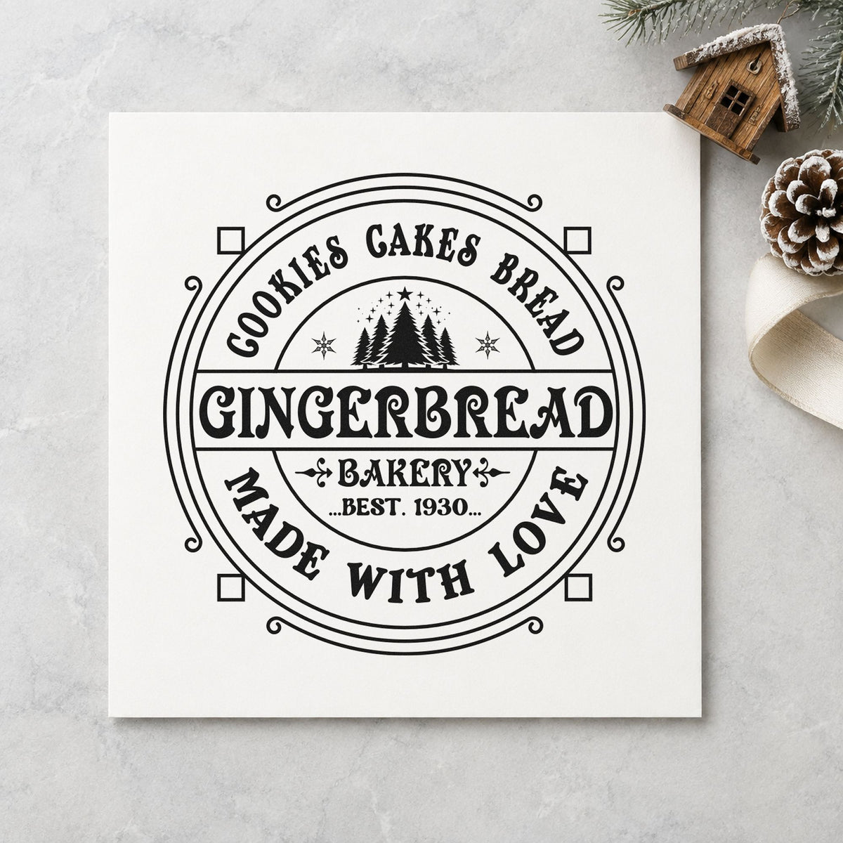 Gingerbread Bakery Made With Love craft stamp imprint in black ink on a handmade project, one idea being classic goods tags.