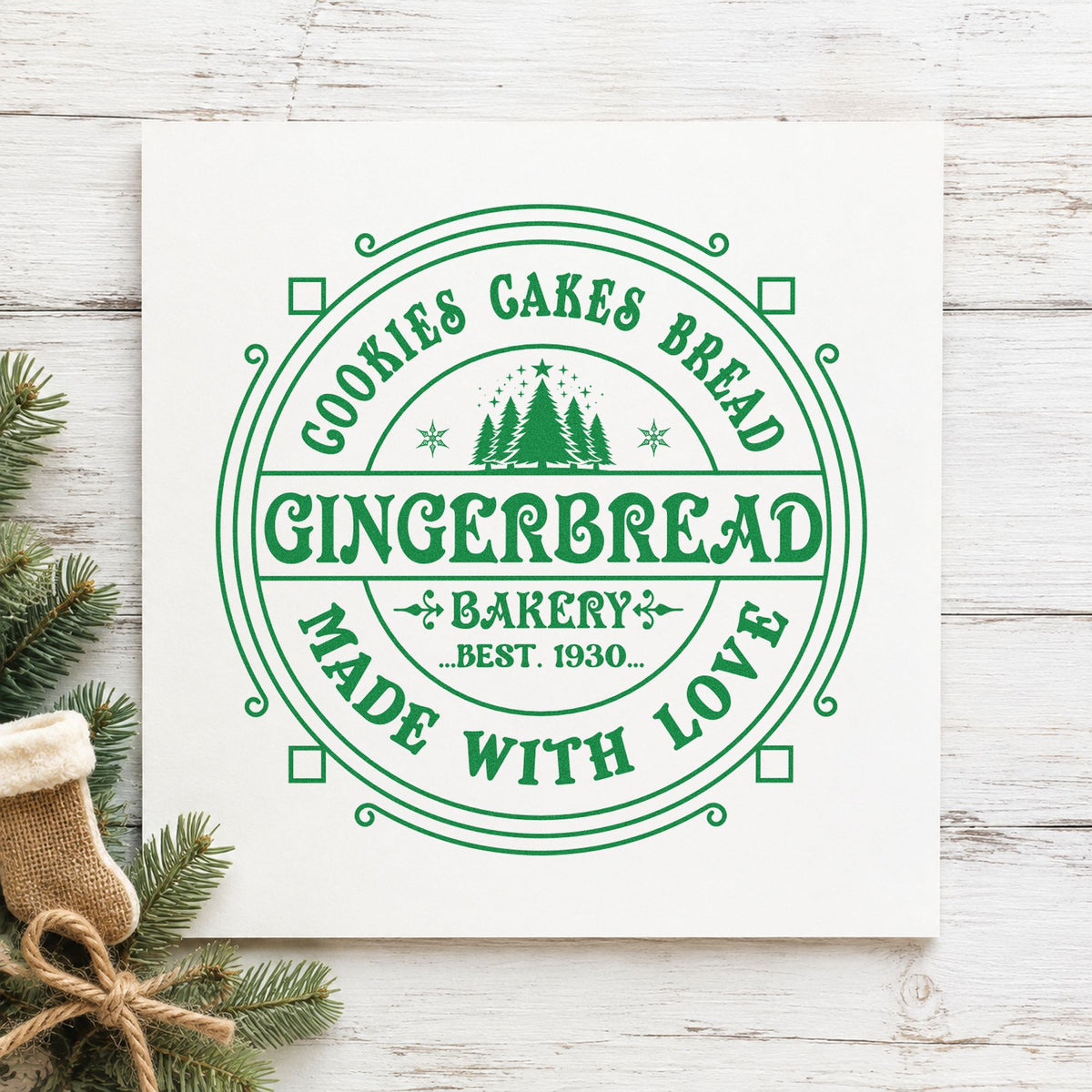 Gingerbread Bakery Made With Love craft stamp imprinted in green ink on paper, a design suited to framed shop corner.