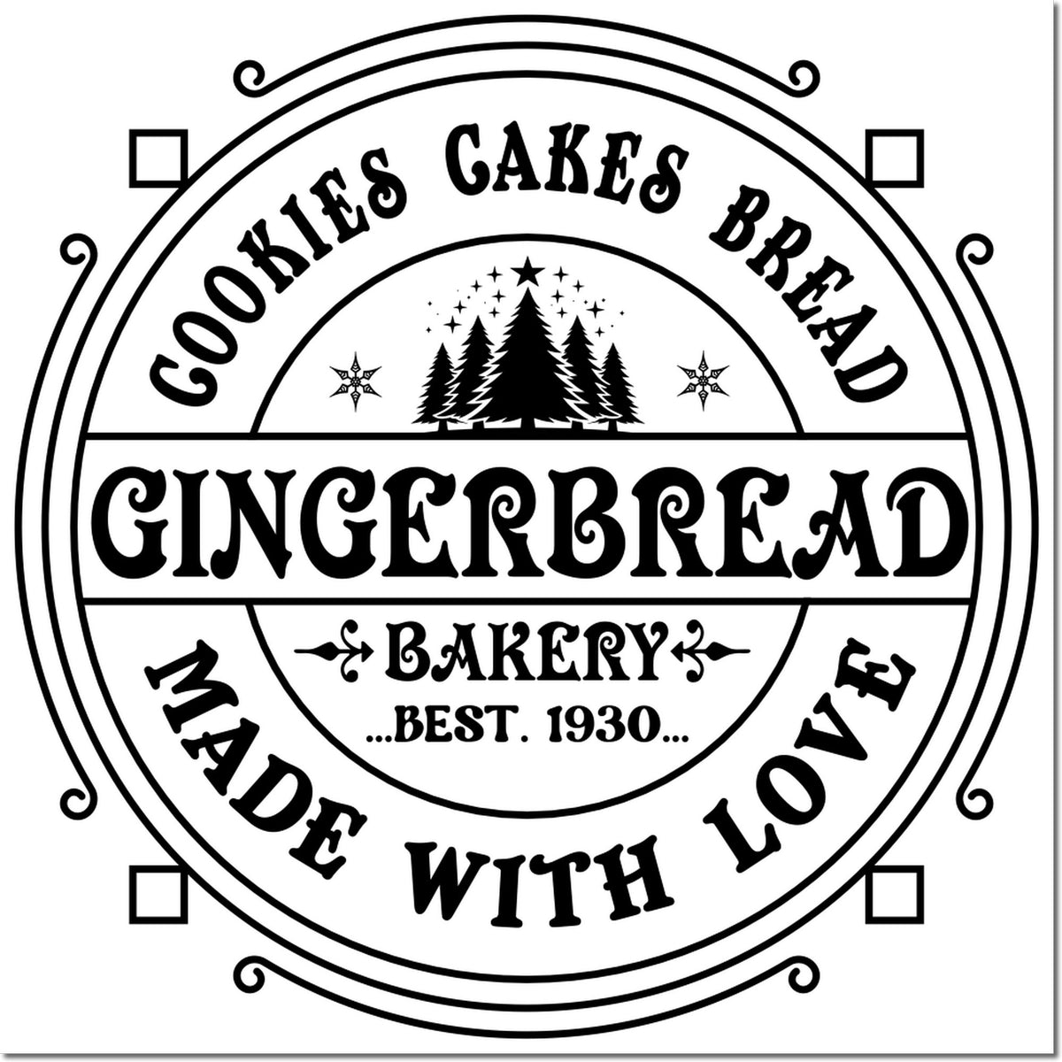 Black-and-white vintage bakery stamp seal with circular border, gingerbread, cookies, cakes, bread, and pine trees.