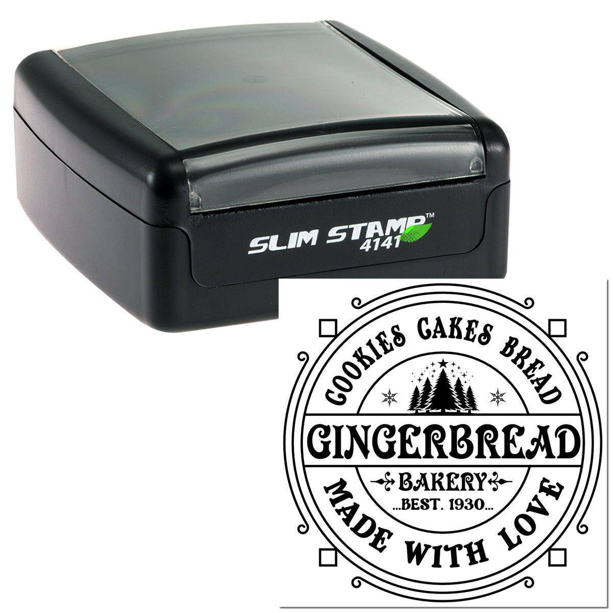 Black self-inking slim stamp with clear lid and circular bakery seal design reading Gingerbread, black on white.