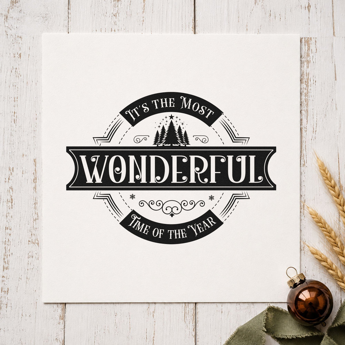 Most Wonderful Time Badge craft stamp imprint in black ink on a handmade project, one idea being round sticker tags.