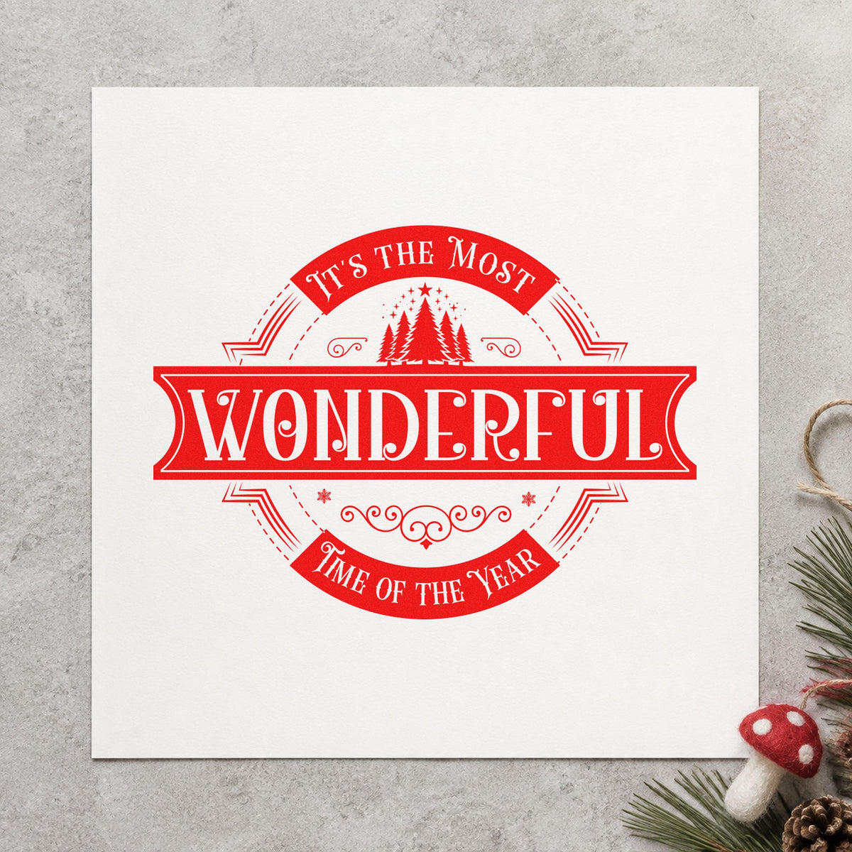 Most Wonderful Time Badge craft stamp in red ink on cardstock, an easy option for patch circle printing.