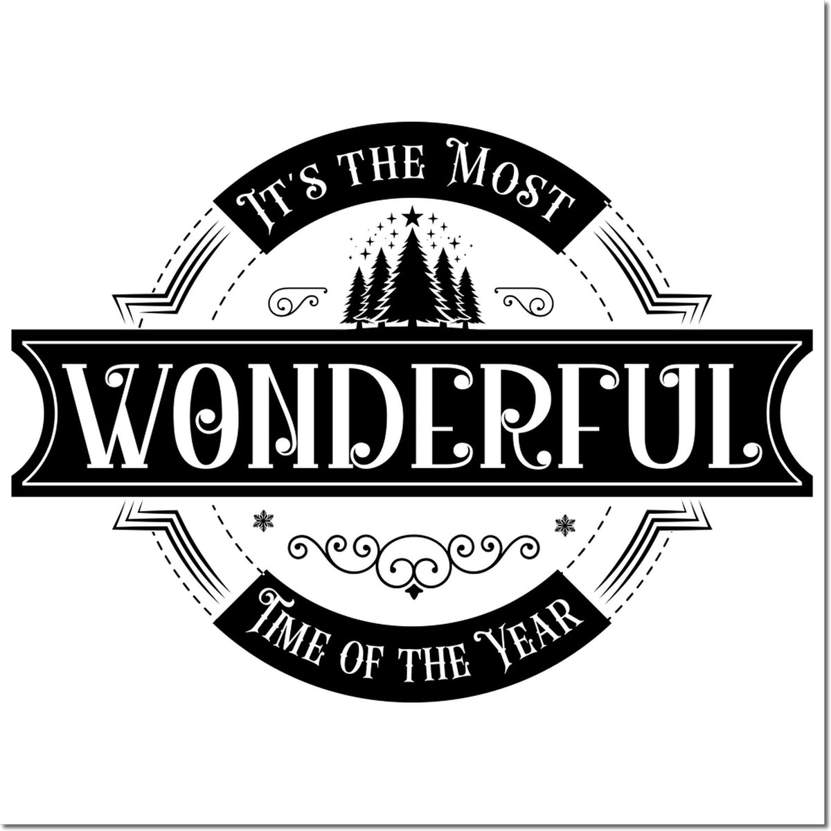 Black-and-white decorative holiday stamp seal with trees and stars, reading Its the Most Wonderful Time of the Year and Wonderful.