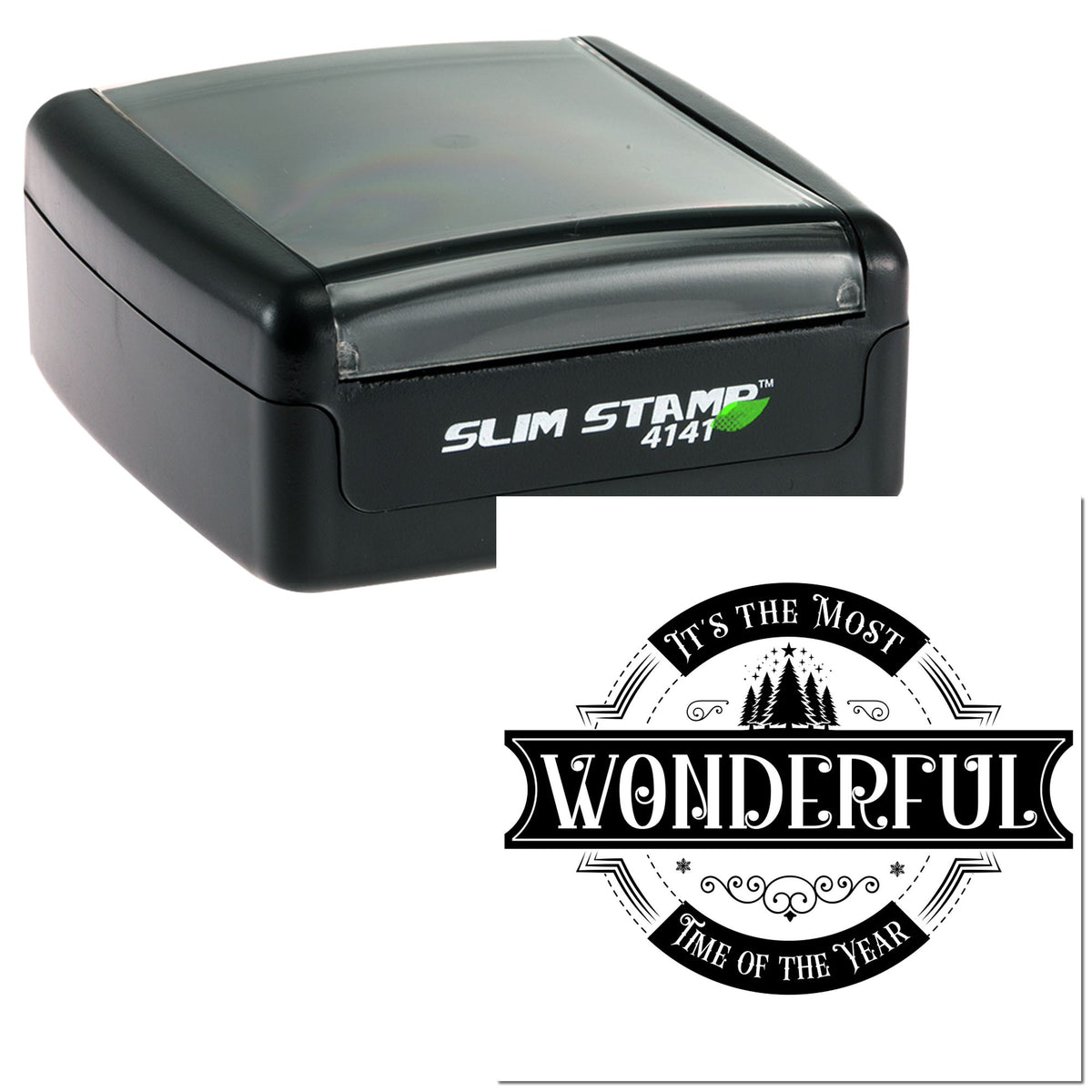 Black Slim Stamp 4141 and custom round seal design with white text, pine trees, and decorative borders.