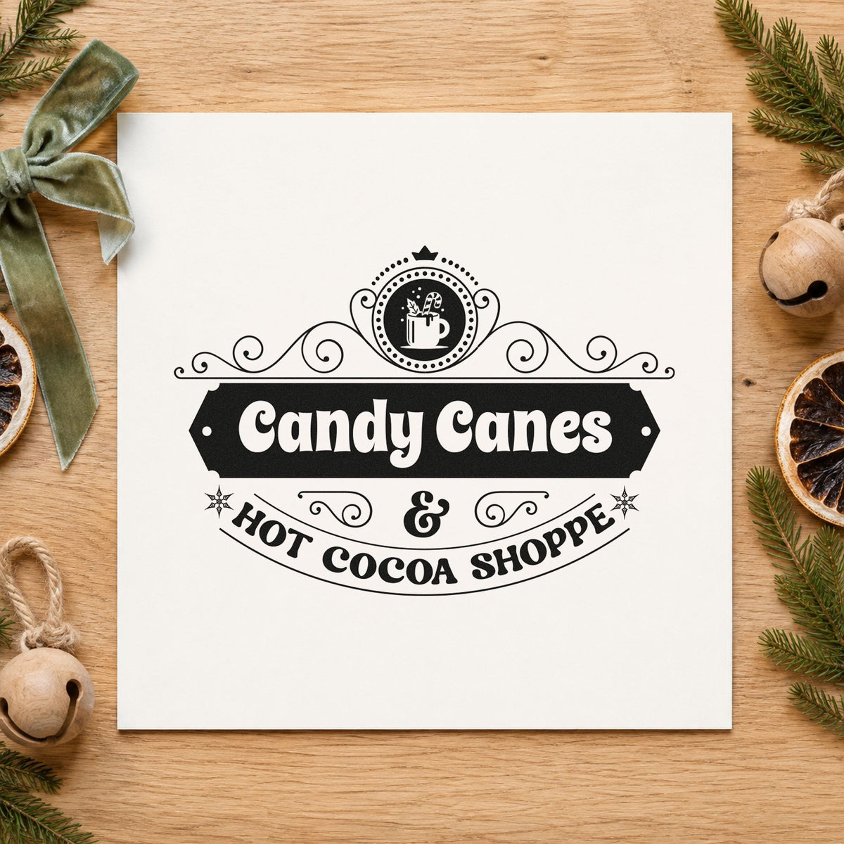 Candy Canes Hot Cocoa Shoppe craft stamp imprint in black ink on a handmade project, one idea being cane bundle tags.