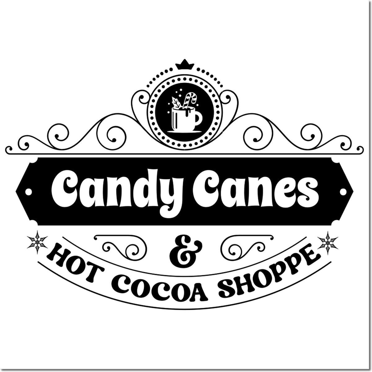 Black-and-white decorative stamp seal with Candy Canes & Hot Cocoa Shoppe text and a steaming mug icon.