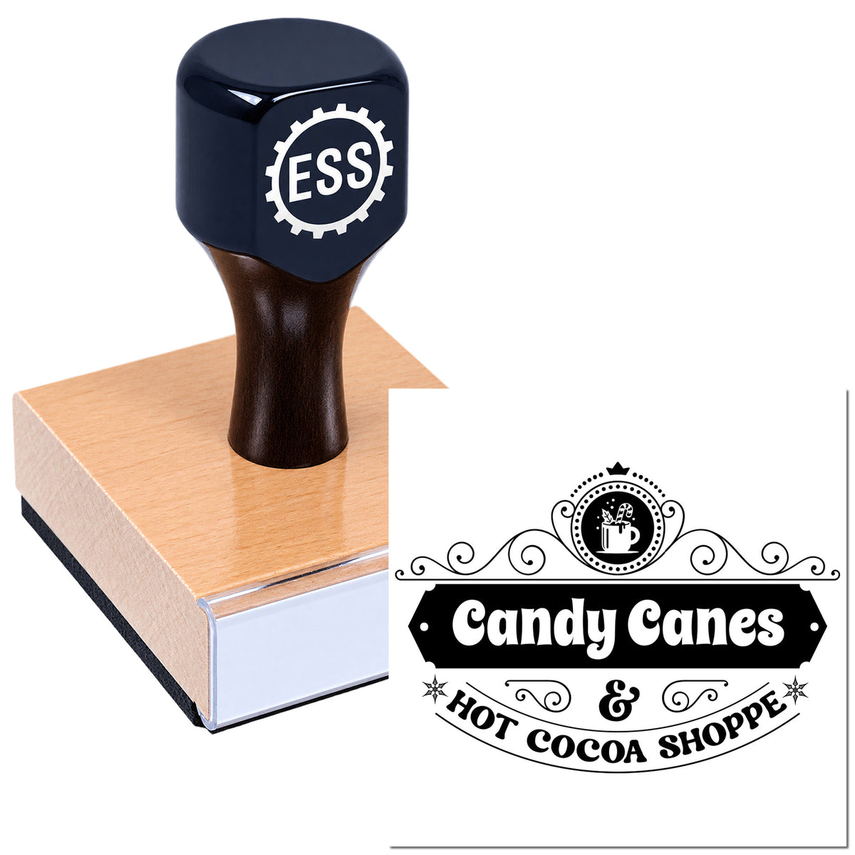 Dark navy rubber stamp on pink wooden block beside black-and-white Candy Canes & Hot Cocoa Shoppe seal design