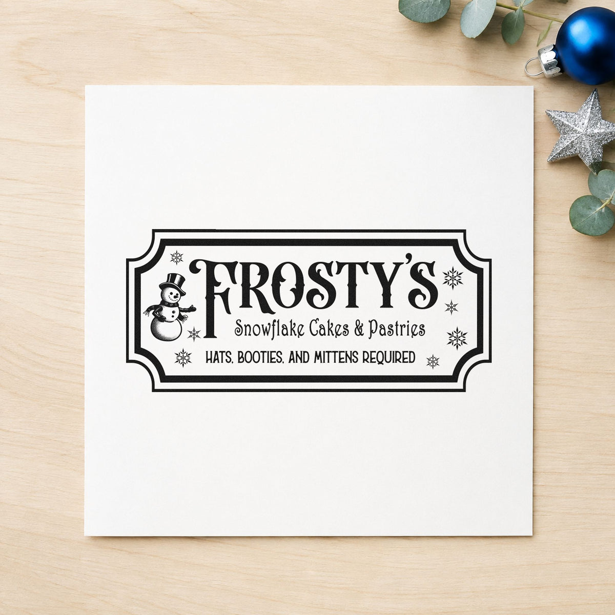 Frosty's Snowflake Cafe Pastries rubber stamp printed in black ink, ready for pastry cafe cards and similar paper crafts.