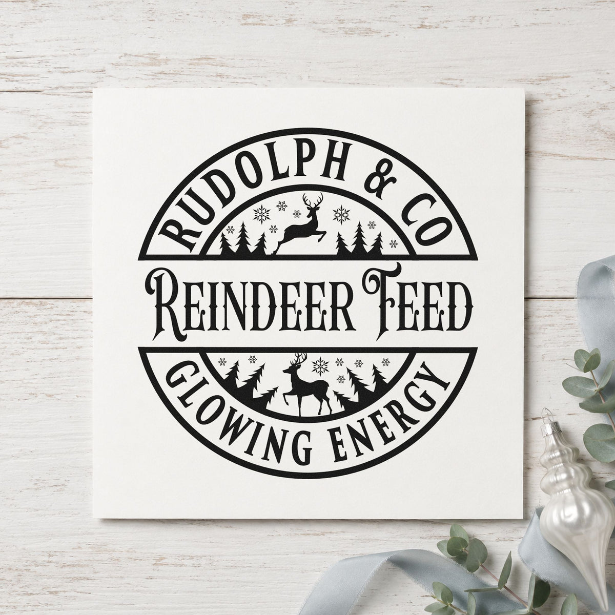 Rudolph Reindeer Feed Badge rubber stamp printed in black ink, ready for ration plan sheet and similar paper crafts.