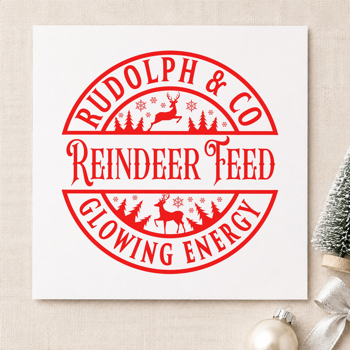 Rudolph Reindeer Feed Badge craft stamp in red ink on cardstock, an easy option for grain sack printing.