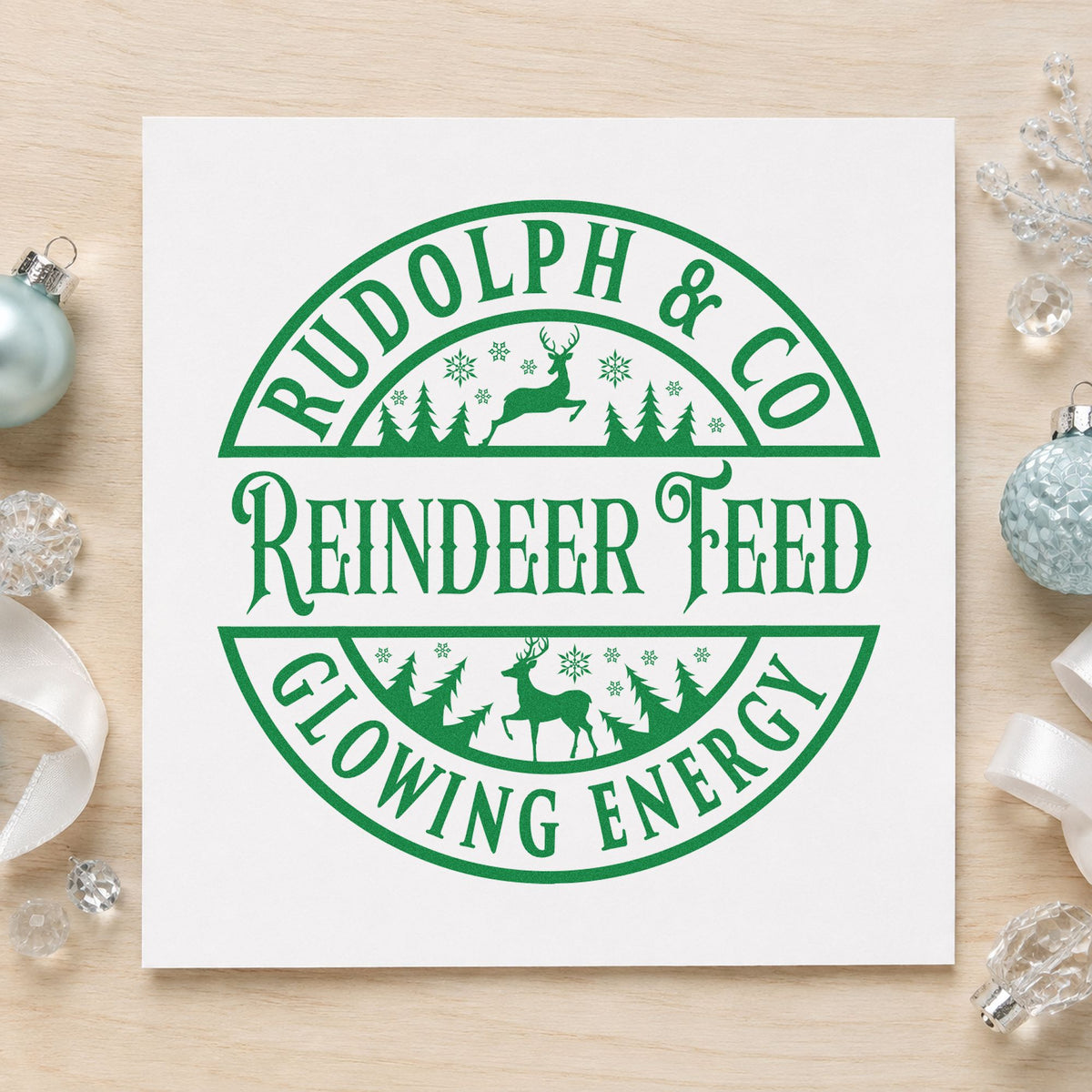 Rudolph Reindeer Feed Badge craft stamp imprint in green ink on a handmade project, one idea being delivery slip cards.