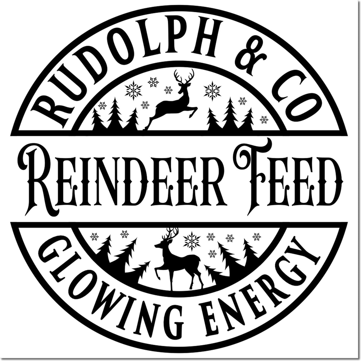 Black-and-white round stamp seal for Rudolph & Co Reindeer Feed, featuring deer, pine trees and snowflakes with bold vintage lettering.