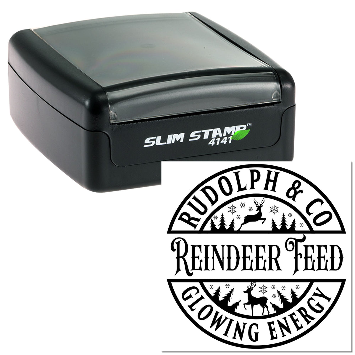 Black Slim Stamp 4141 and custom seal for Rudolph & Co Reindeer Feed, with deer, trees and snowflakes.