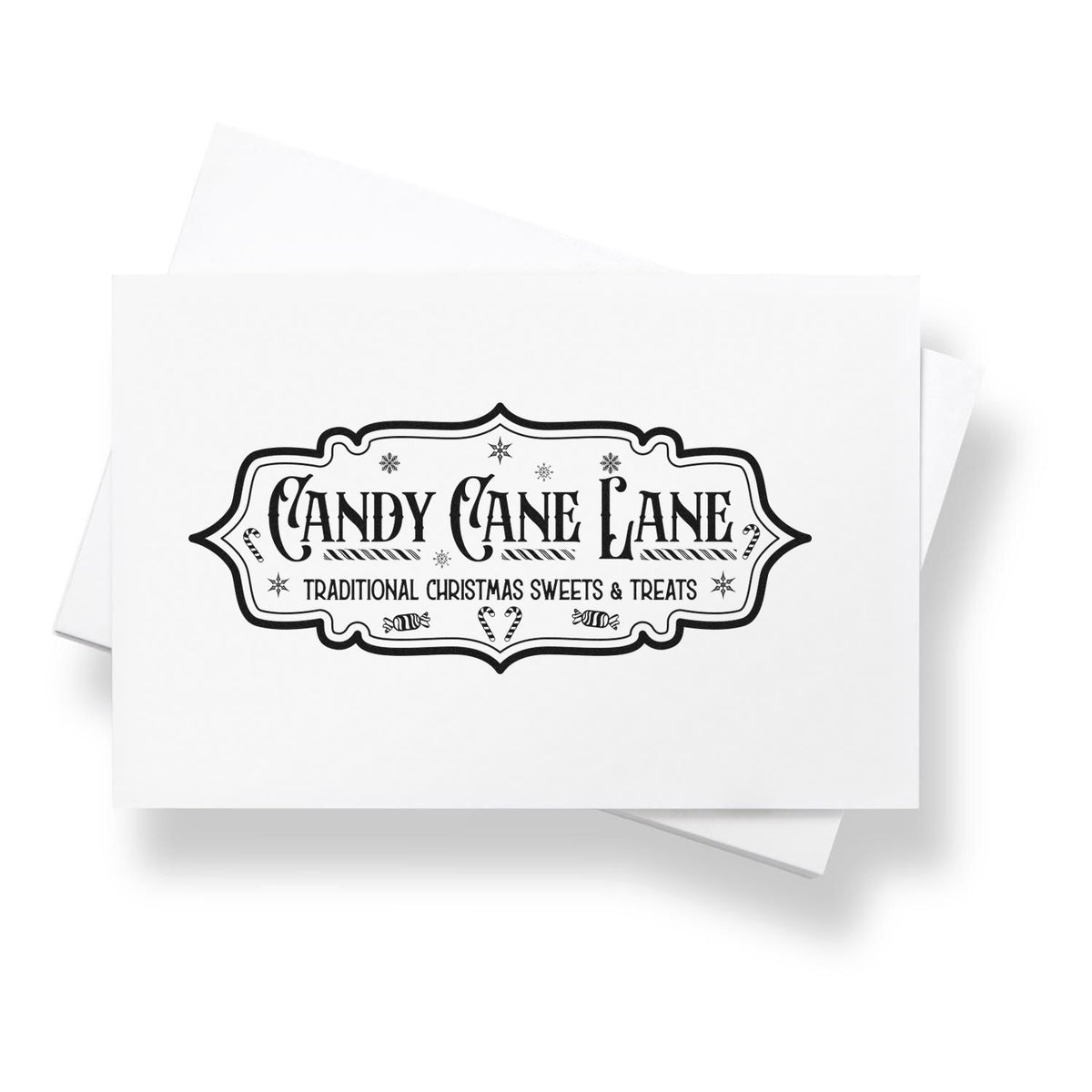 Black vintage stamp and seal for Candy Cane Lane, with candy cane icons and Christmas sweets and treats text on white cards.