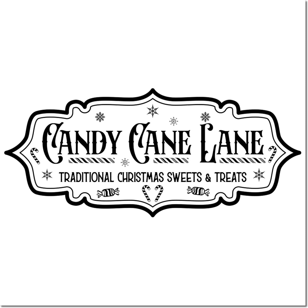 Black-and-white Candy Cane Lane decorative stamp and seal with snowflakes, candy canes, and Christmas sweets text.