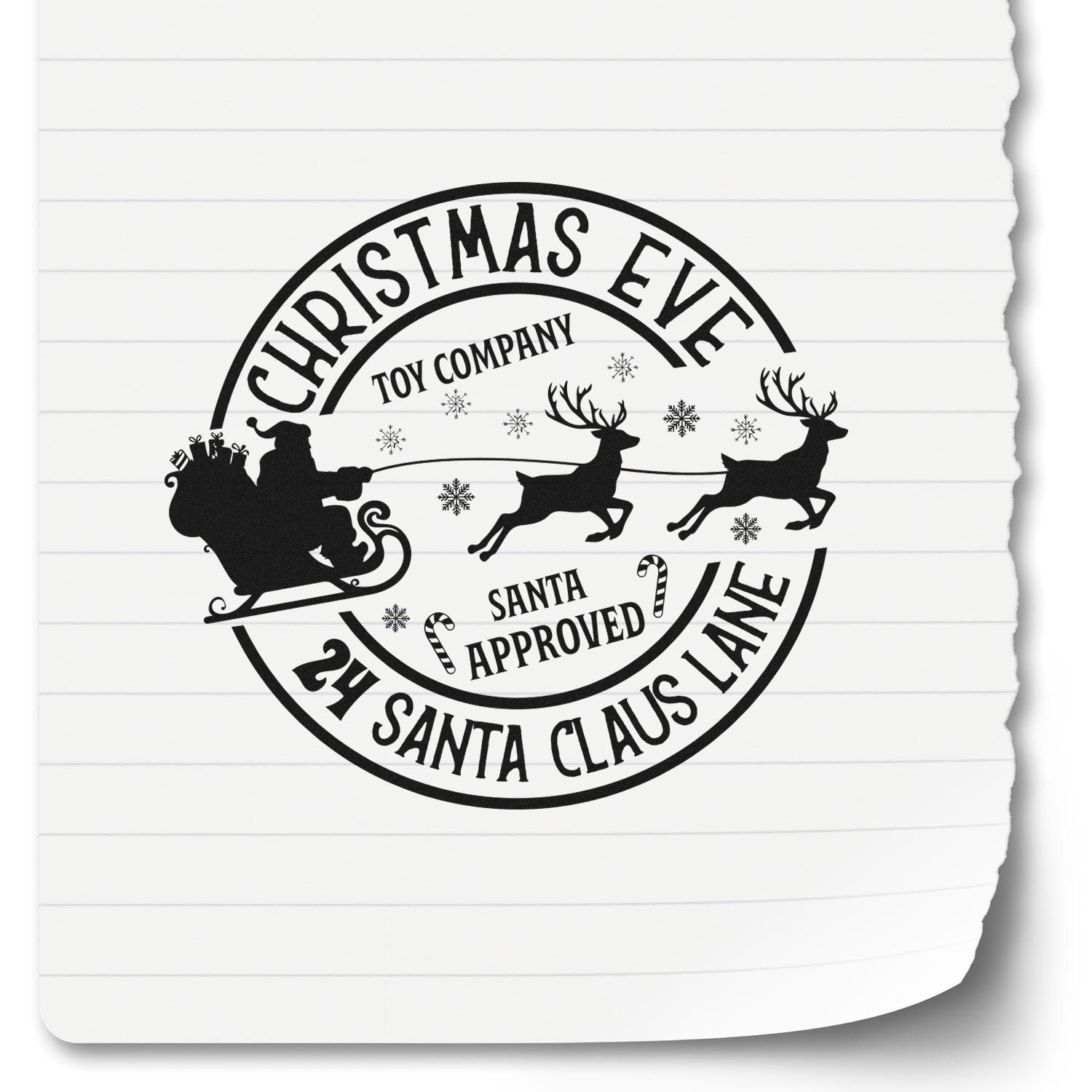 Black Christmas stamp seal with Santa sleigh, reindeer, snowflakes, and Santa Approved text on white paper.