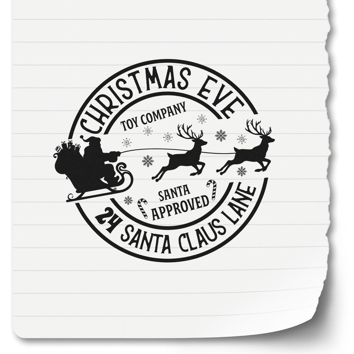 Black Christmas Eve Santa Approved stamp seal with sleigh, reindeer, snowflakes, and 24 Santa Claus Lane on white paper.