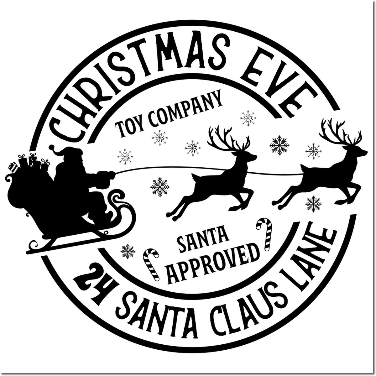 Black Christmas Eve stamp seal with Santa in sleigh, reindeer, snowflakes, and gift sack in bold black on white.