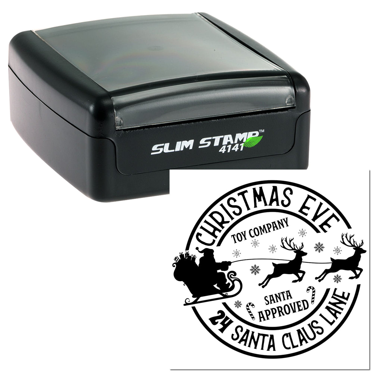 Black slim self-inking stamp with translucent cover and Christmas seal design reading Christmas Eve Toy Company.