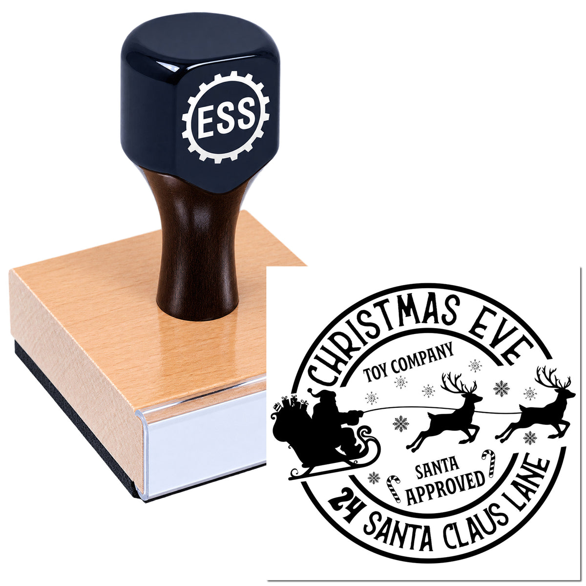 Custom stamp and seal with dark blue handle on a wooden block, featuring a black Christmas Eve Santa-approved circular seal.