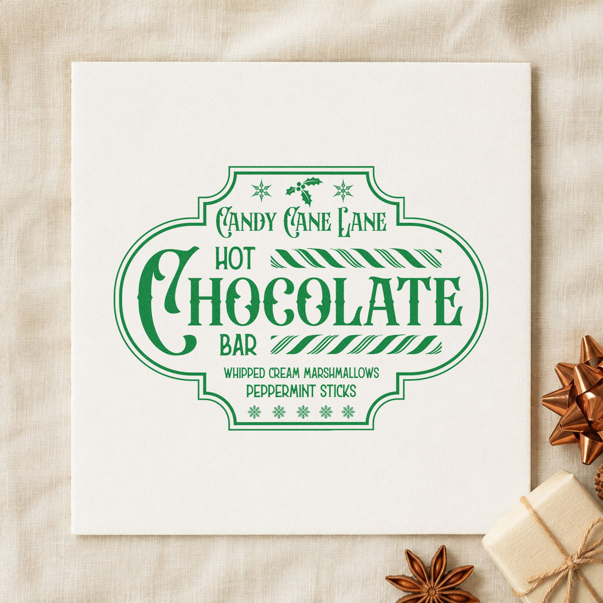 Candy Cane Lane Chocolate Bar craft stamp imprinted in green ink on paper, a design suited to framed bar back.
