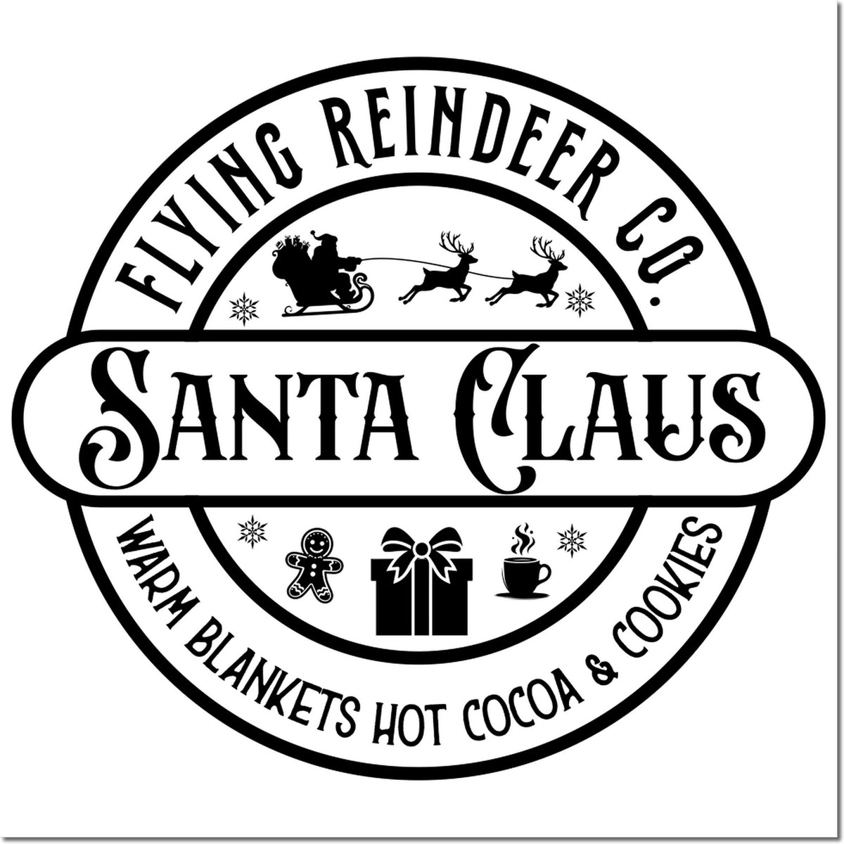 Black Santa Claus stamp seal for Flying Reindeer Co. with sleigh, reindeer, gift, gingerbread, cocoa and cookies