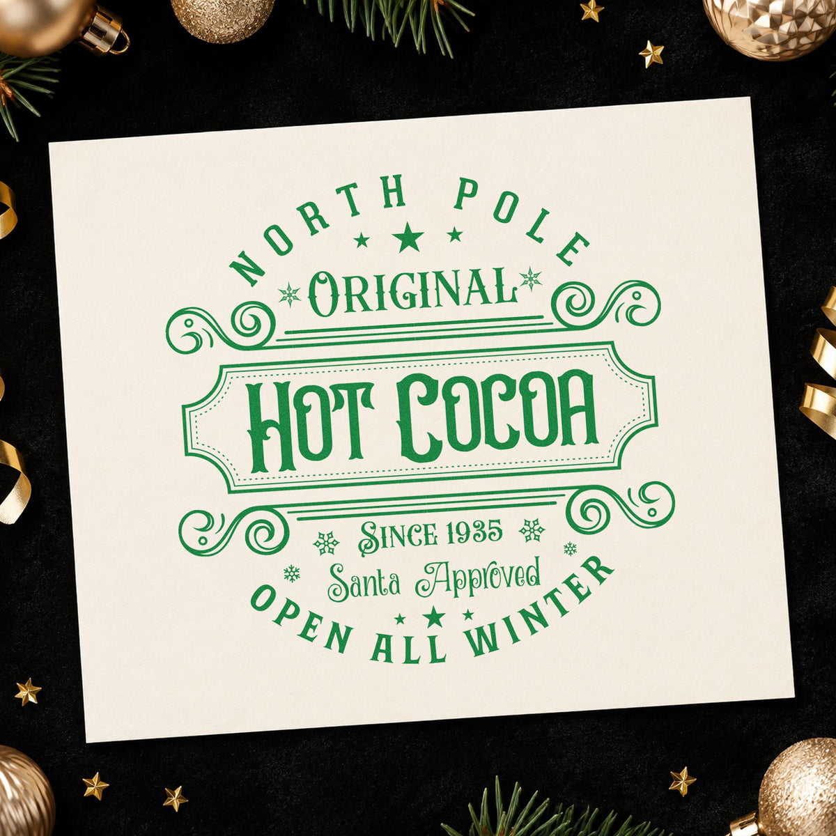 North Pole Original Hot Cocoa craft stamp in green ink on cardstock, an easy option for brand album page.