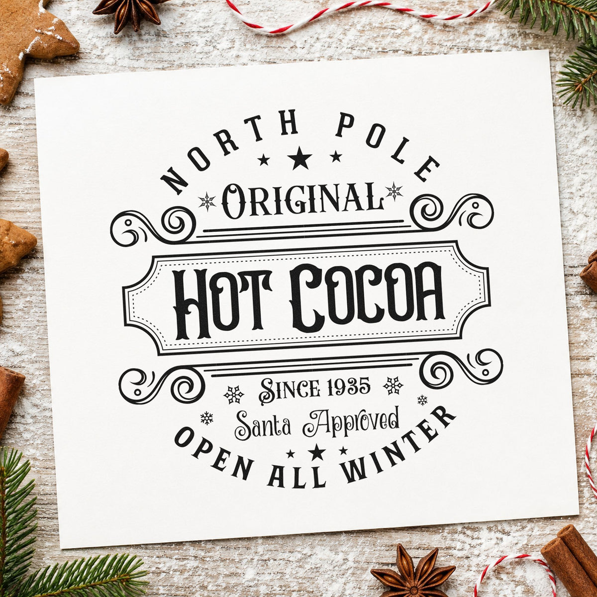 North Pole Original Hot Cocoa craft stamp imprint in black ink on a handmade project, one idea being tin sleeve tags.