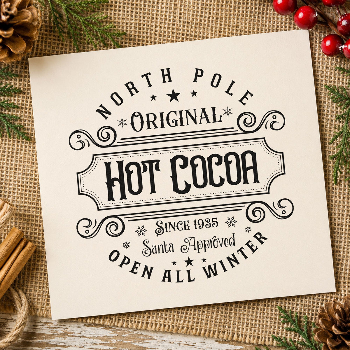 North Pole Original Hot Cocoa rubber stamp printed in black ink, ready for original since cards and similar paper crafts.