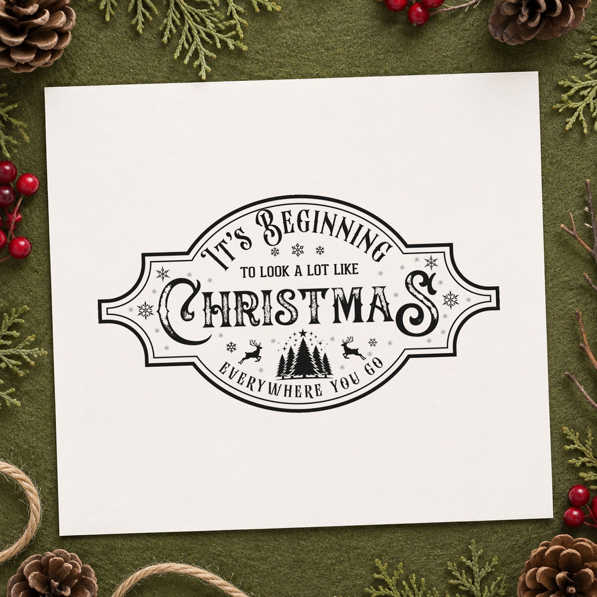 Beginning To Look Like Christmas rubber stamp printed in black ink, ready for vintage label cards and similar paper crafts.