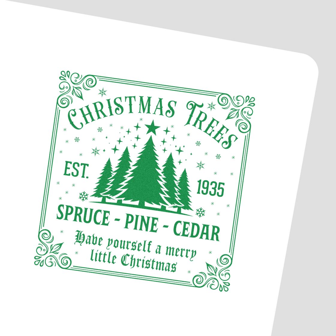 Green Christmas Trees stamp seal with decorative border, evergreens, snowflakes, and text Spruce Pine Cedar, Est. 1935.