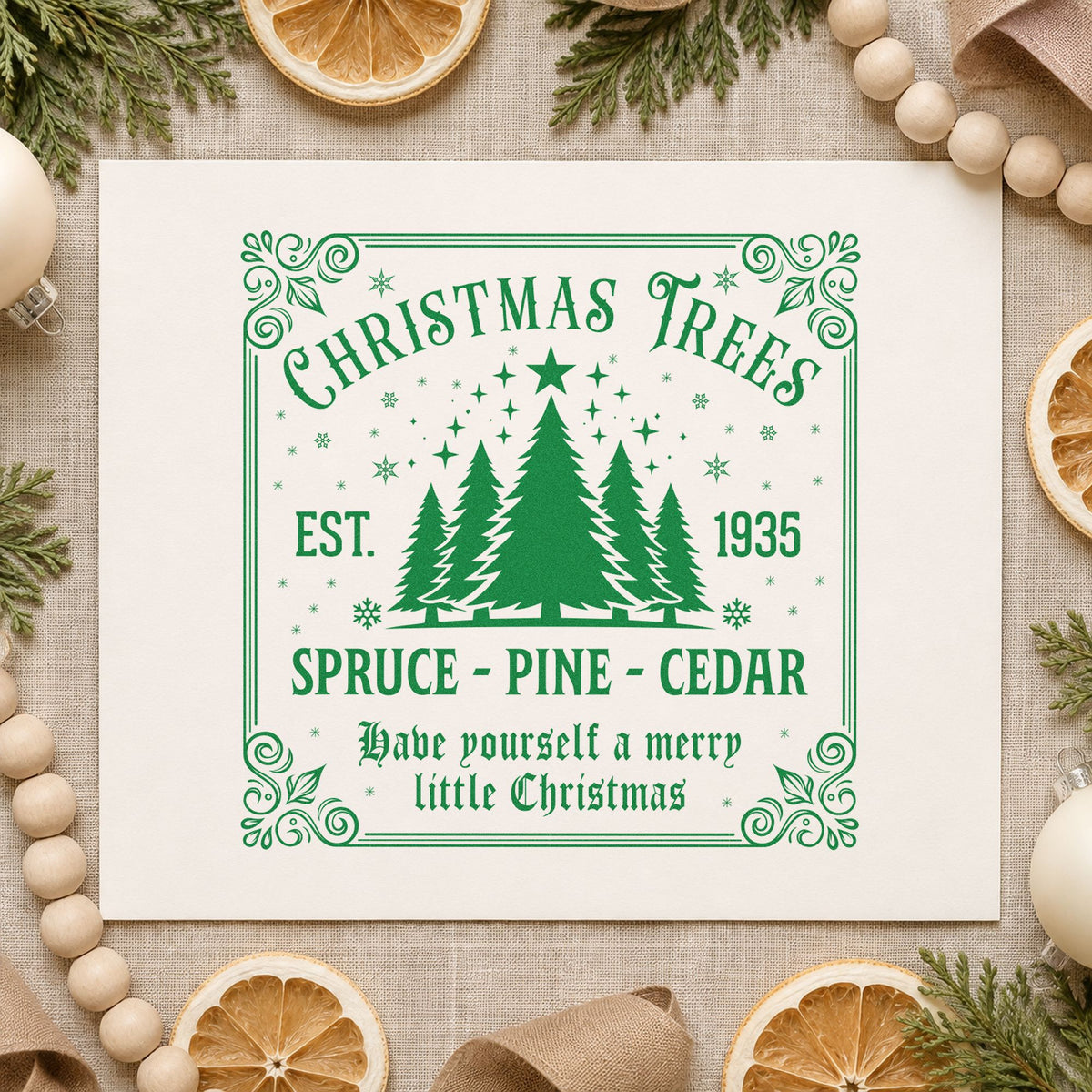Christmas Trees Est 1935 Sign craft stamp imprinted in green ink on paper, a design suited to framed shed wall.