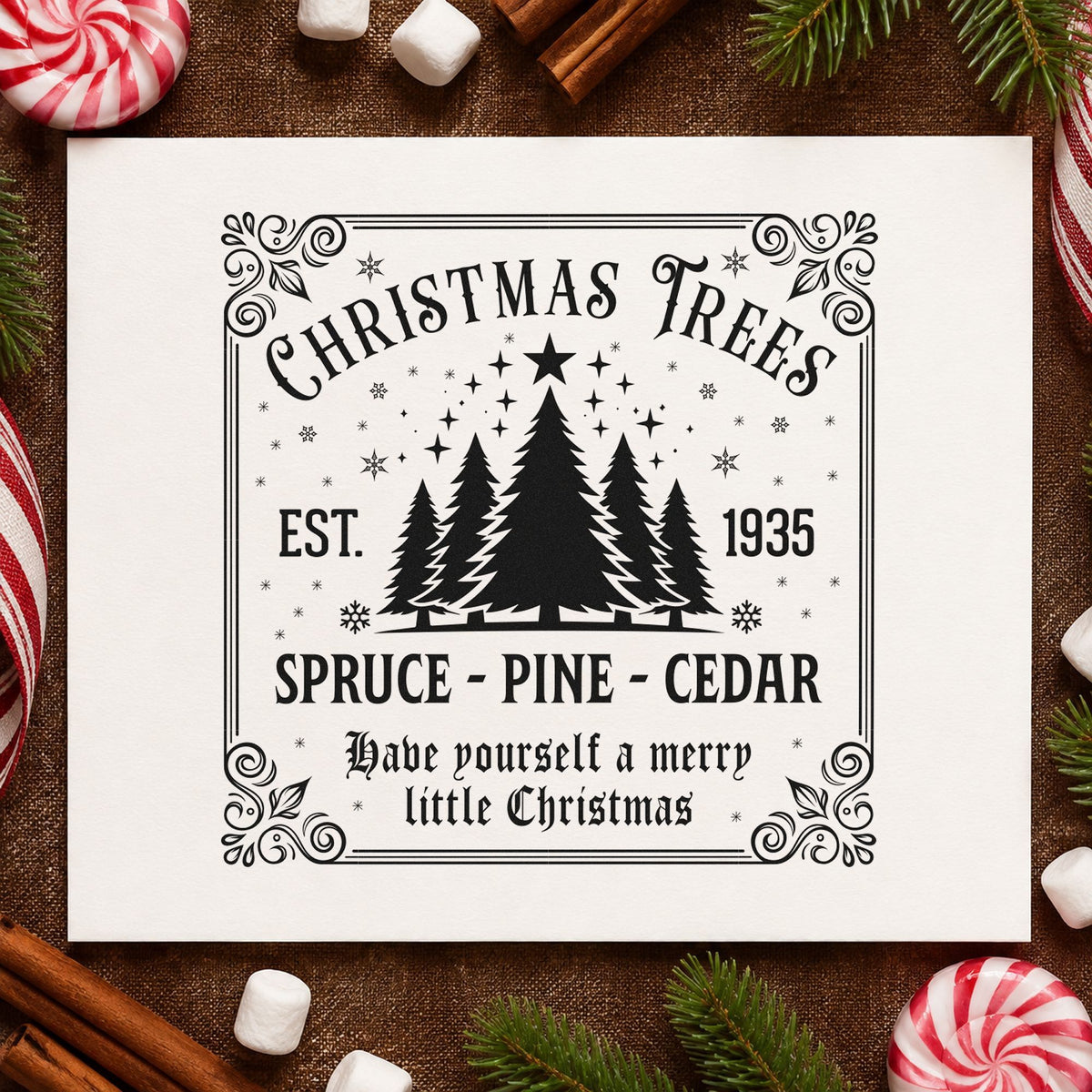 Christmas Trees Est 1935 Sign rubber stamp printed in black ink, ready for rectangle heritage cards and similar paper crafts.