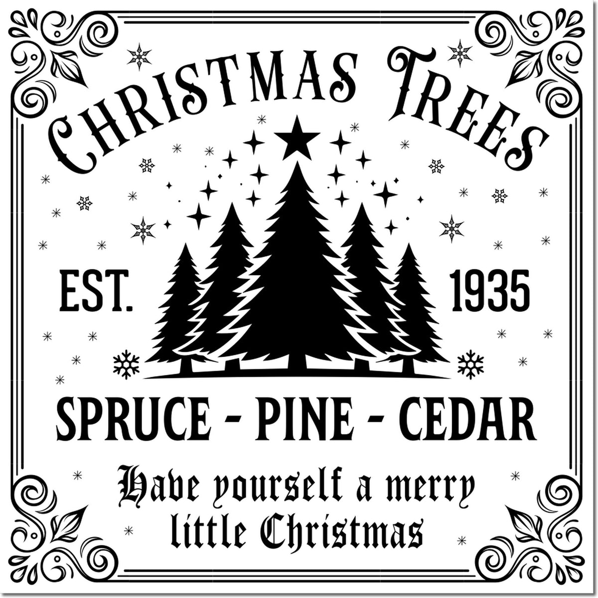 Black vintage Christmas stamp seal with pine trees, stars, snowflakes, ornate border, and Spruce-Pine-Cedar text on white.