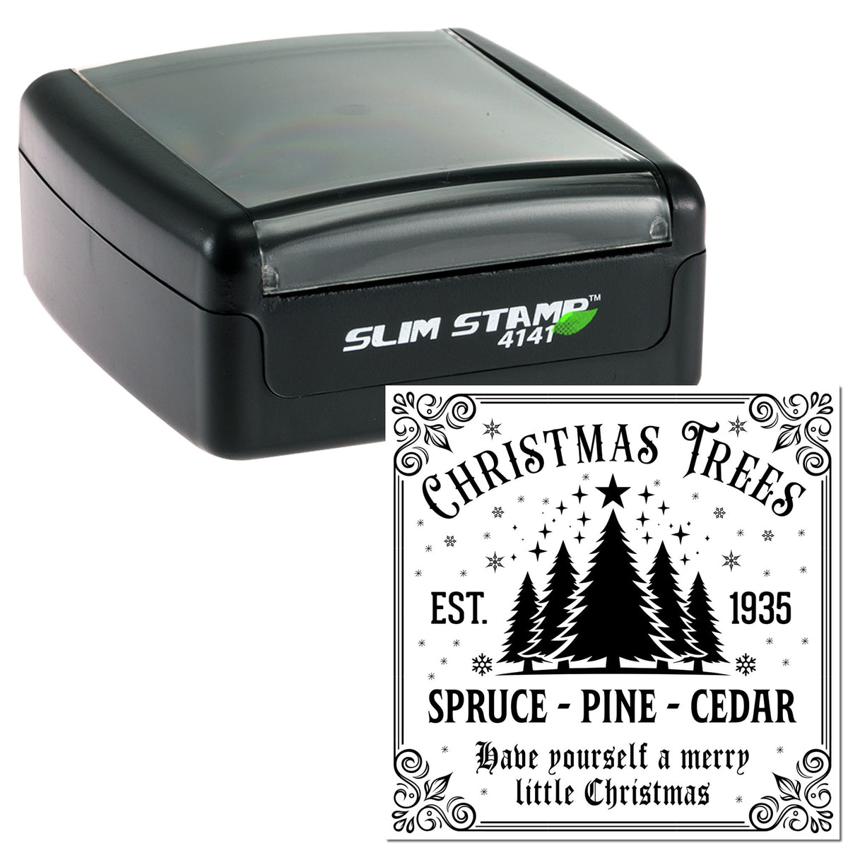 Black Slim Stamp 4141 self-inking stamp with Christmas Trees seal, featuring pine silhouettes, stars, and ornate border.