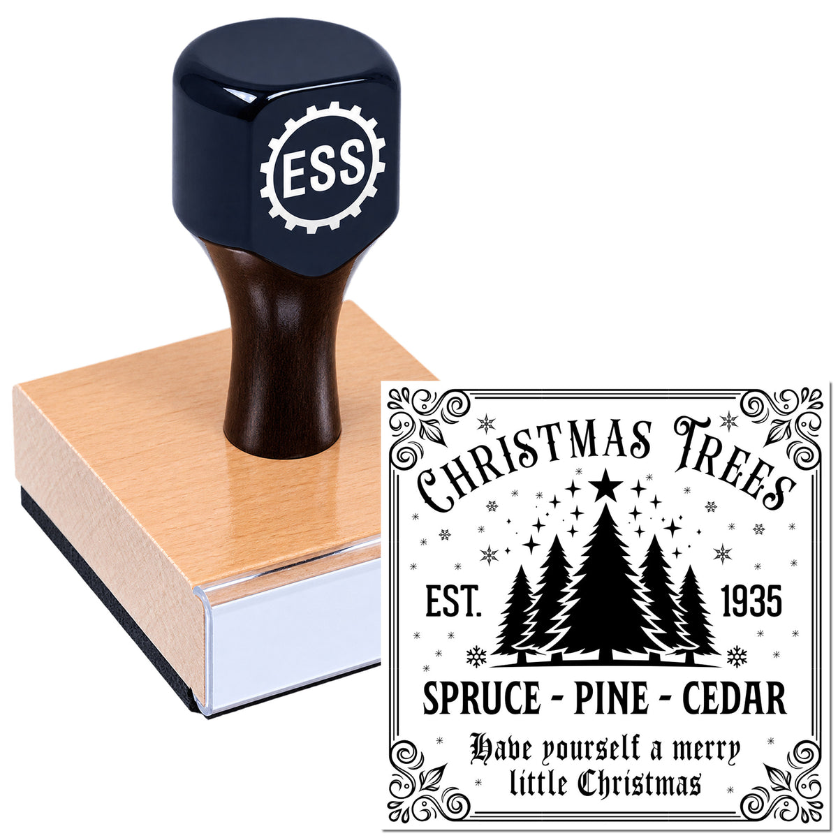 Black ESS rubber stamp on pink wood block, paired with a black-and-white Christmas Trees seal design.