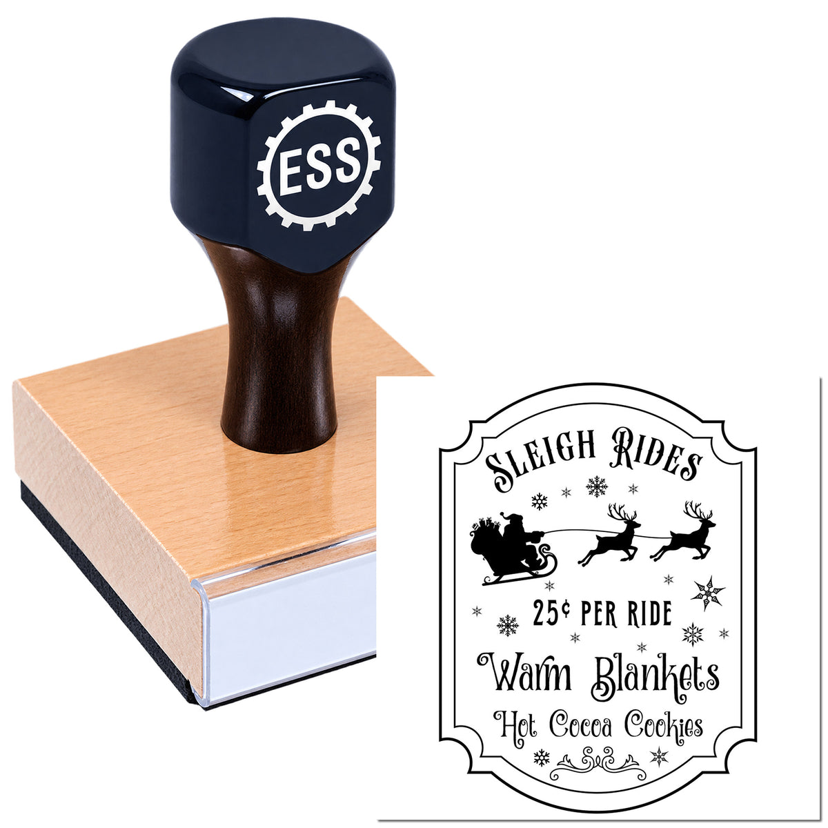 Dark navy custom rubber stamp on a wooden block, with a black-and-white Santa sleigh seal impression reading Sleigh Rides.