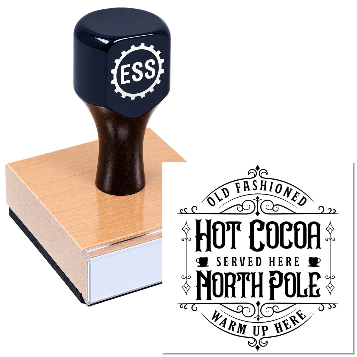 Navy rubber stamp with ESS logo on a block, beside a black ornamental Hot Cocoa Served Here seal design.